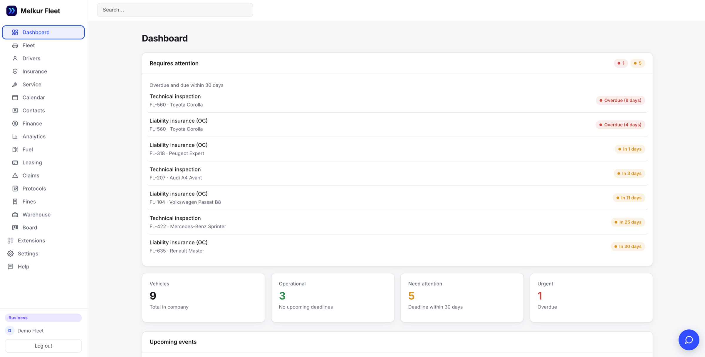 Melkur Fleet dashboard showing vehicles and upcoming deadlines