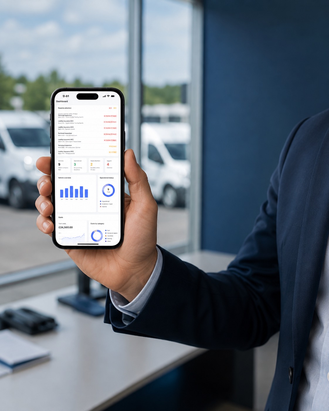 Fleet manager holding an iPhone showing the Melkur Fleet dashboard